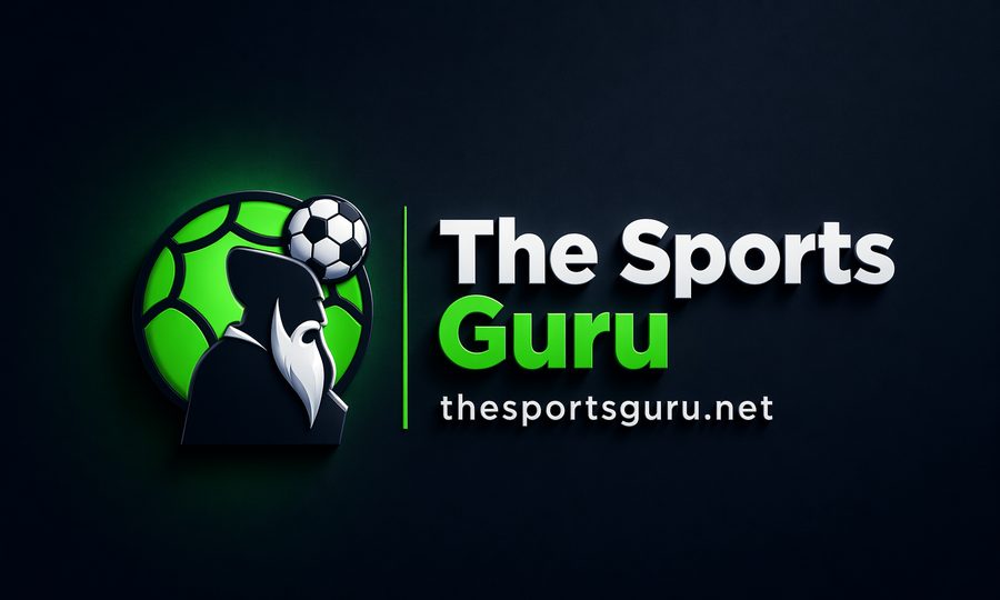The Sports Guru brand artwork, green guru emblem on navy