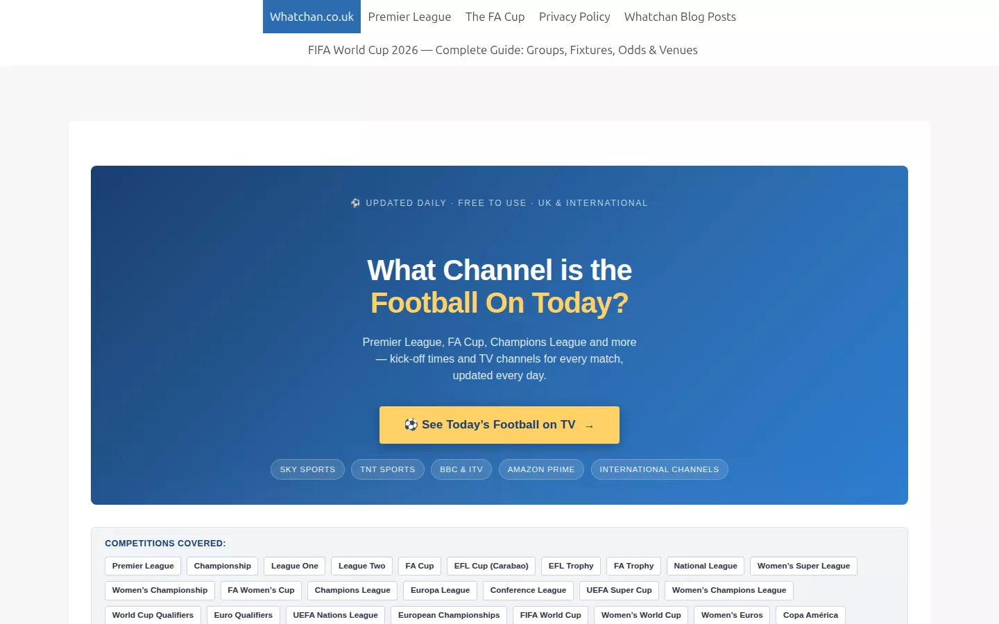 Whatchan football TV listings website