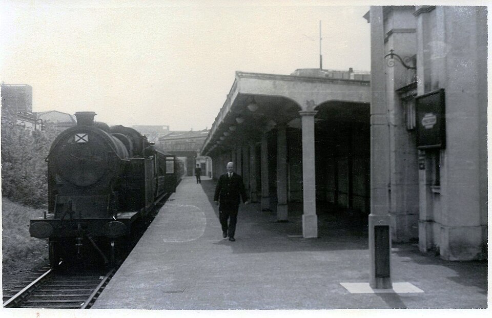An unidentified locomotive at the Exhibition Station at Wembley in 1953