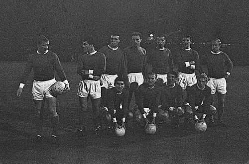 The Manchester United team lined up for a photograph before a match in Rotterdam in September 1963