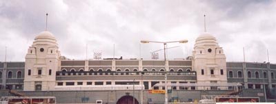 The original Wembley Stadium seen from outside, with its two towers