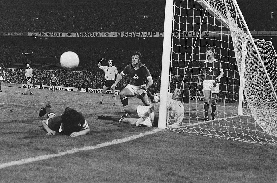 Pat Jennings in a goalmouth during a Netherlands against Northern Ireland match