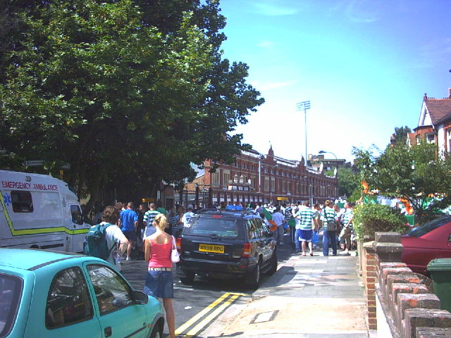 Craven Cottage football ground viewed from the opposite bank of the River Thames