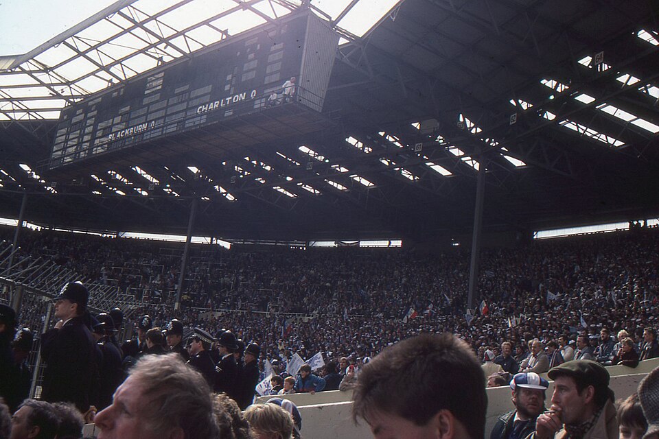 The west end and scoreboard inside the original Wembley Stadium