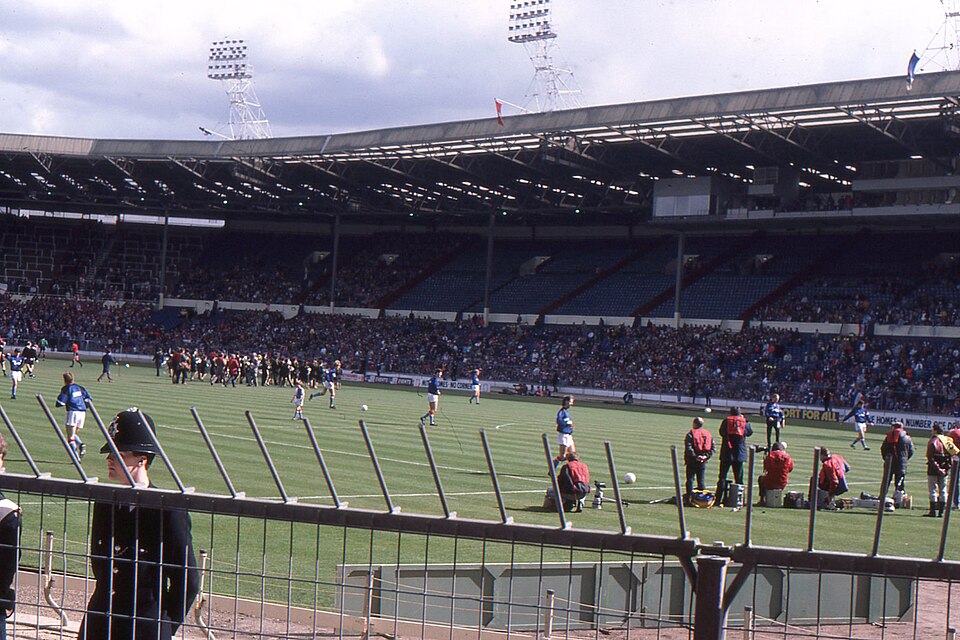 The pitch and stands inside the original Wembley Stadium