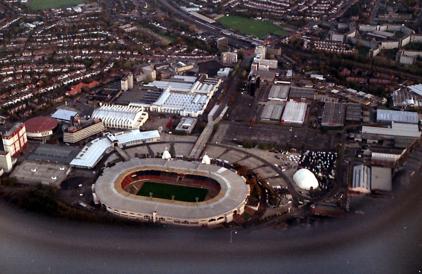 An aerial view of the original Wembley Stadium and its twin towers