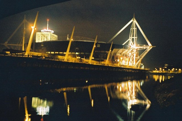 The Millennium Stadium in Cardiff floodlit at night