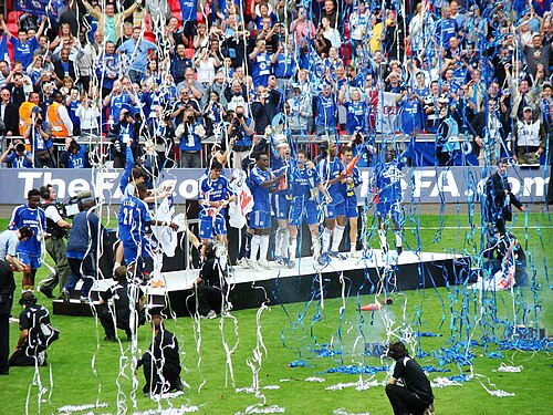 Chelsea players celebrating their FA Cup win at Wembley