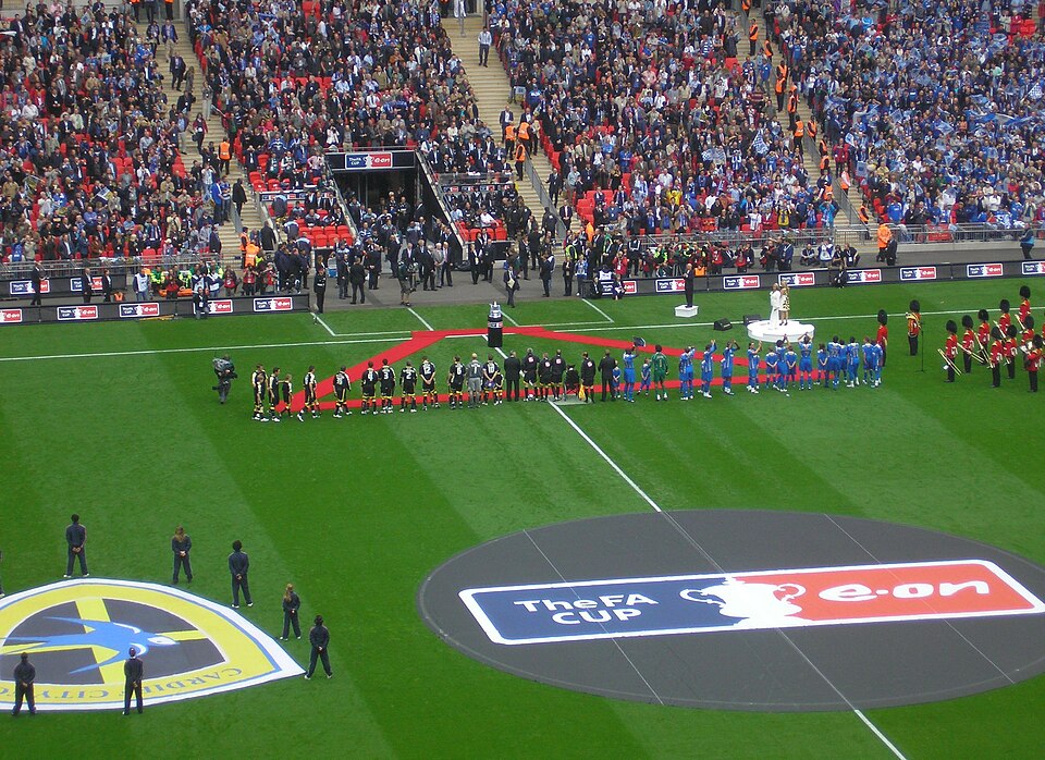 The Cardiff City and Portsmouth players lined up on the Wembley pitch before kick-off