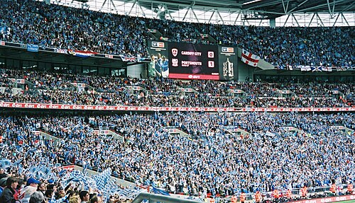 The Wembley scoreboard showing the final score, Portsmouth 1 Cardiff City 0