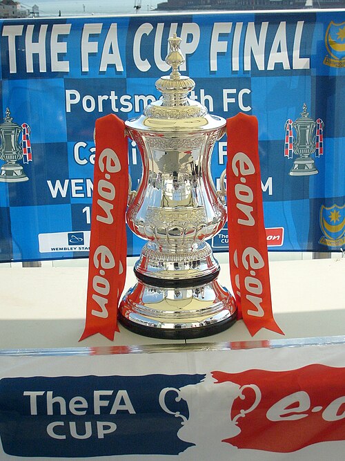 The FA Cup trophy on display inside Portsmouth's Spinnaker Tower