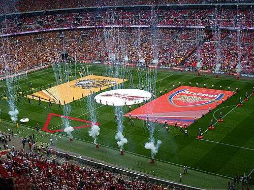 The pre-match ceremony at Wembley, with giant Arsenal and Hull City banners and pyrotechnics on the pitch