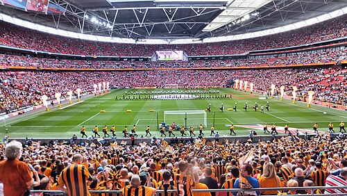 Wembley Stadium before the 2014 FA Cup final, Hull City supporters in amber in the foreground