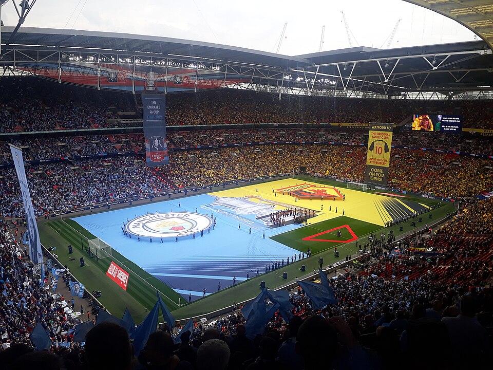 A huge pre-match display covering the pitch at Wembley before the 2019 FA Cup final