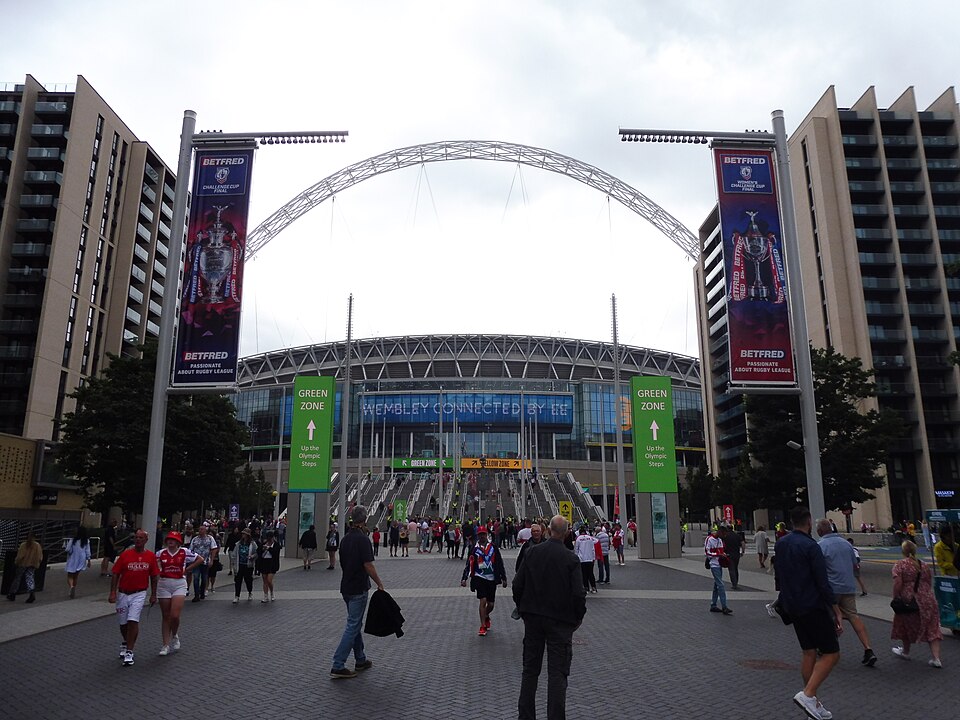 Wembley Stadium seen from Olympic Way with the arch above the approach
