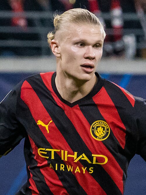 Erling Haaland in a Manchester City shirt