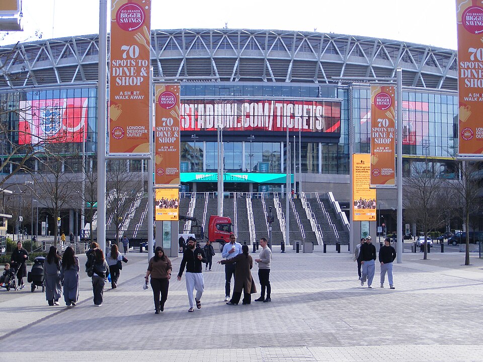 Wembley Stadium seen from Olympic Way, with the arch above the stands