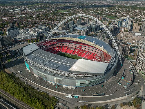 Wembley Stadium seen from the air with its arch