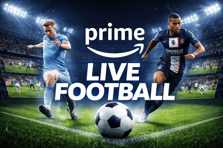 Football players competing in stadium. Amazon Prime video football