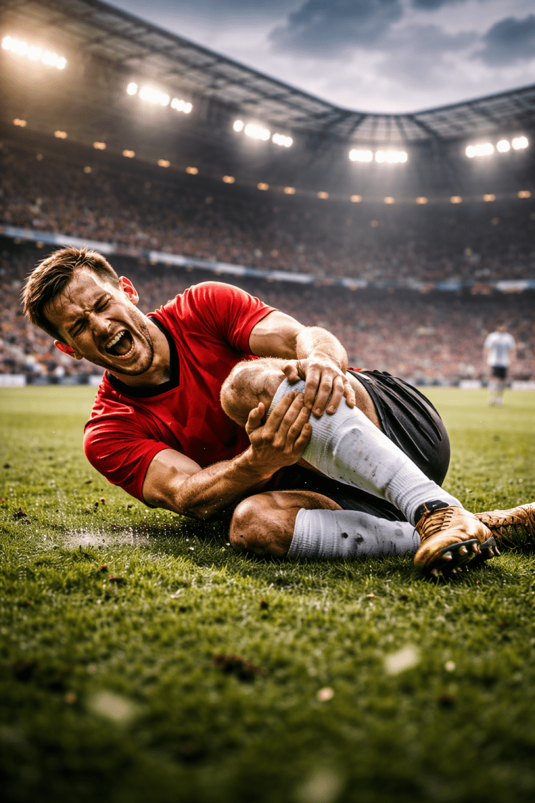 Footballer injured on the pitch.